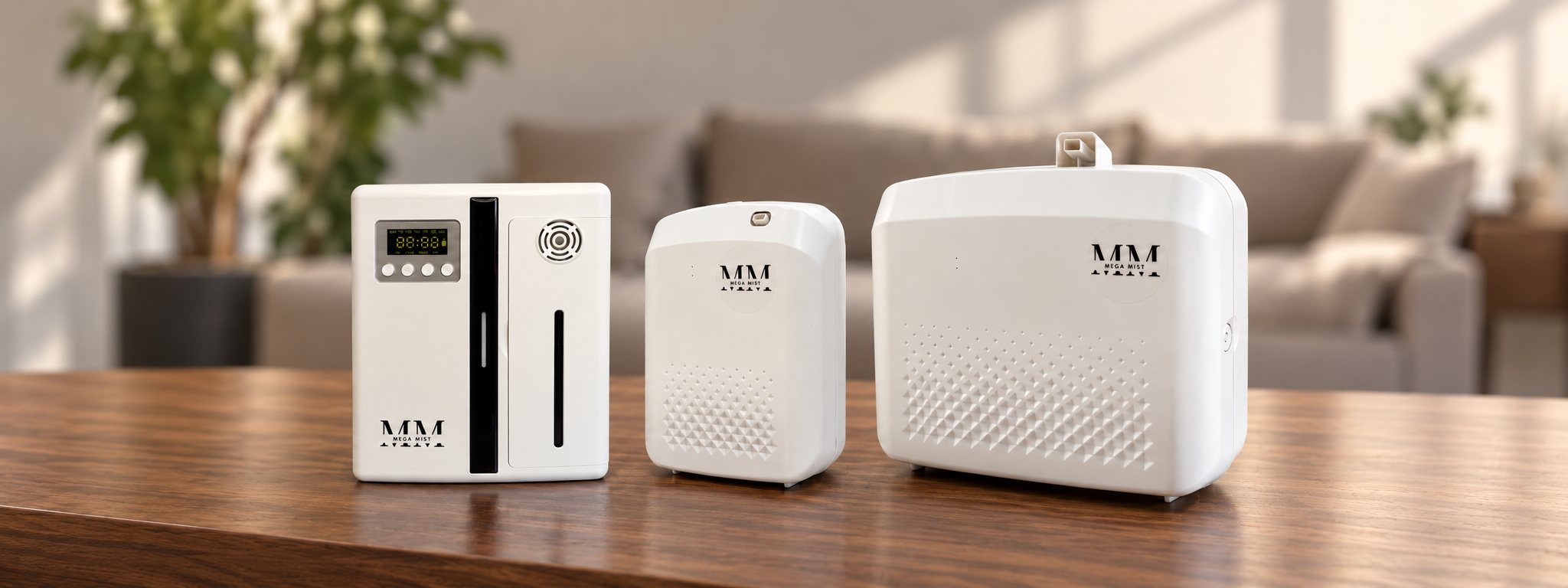 As três máquinas de aromatização Mega Mist, Mist One, Mist Pro e Mist Max, lado a lado sobre uma mesa de madeira